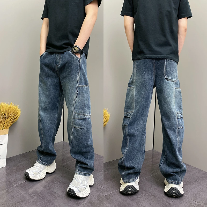 冬季加绒美式复古潮牌工装牛仔裤男2025新款宽松弯刀休闲直筒裤子