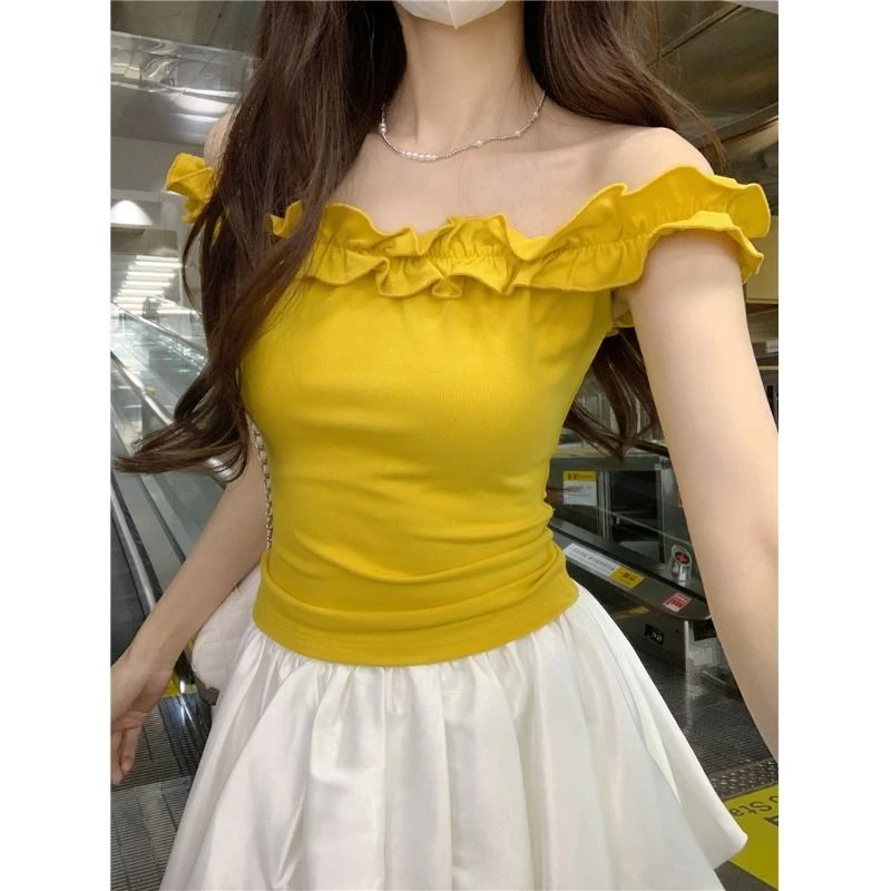 一字肩短袖t恤女夏季爆款纯欲辣妹木耳边短款上衣洋气高级感女款