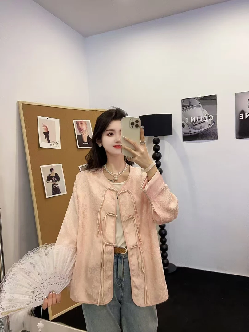 新中式国风提花粉色外套女春秋款大码胖mm宽松高级感外搭开衫上衣