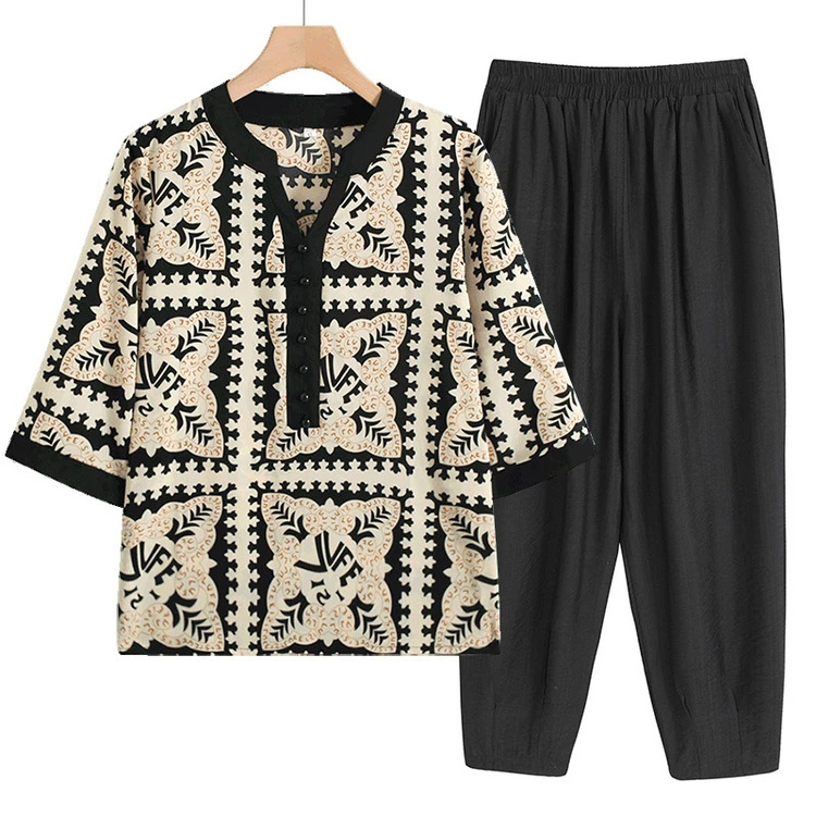 妈妈夏装短袖t恤上衣中年女士雪纺洋气小衫中老年夏季七分袖上衣