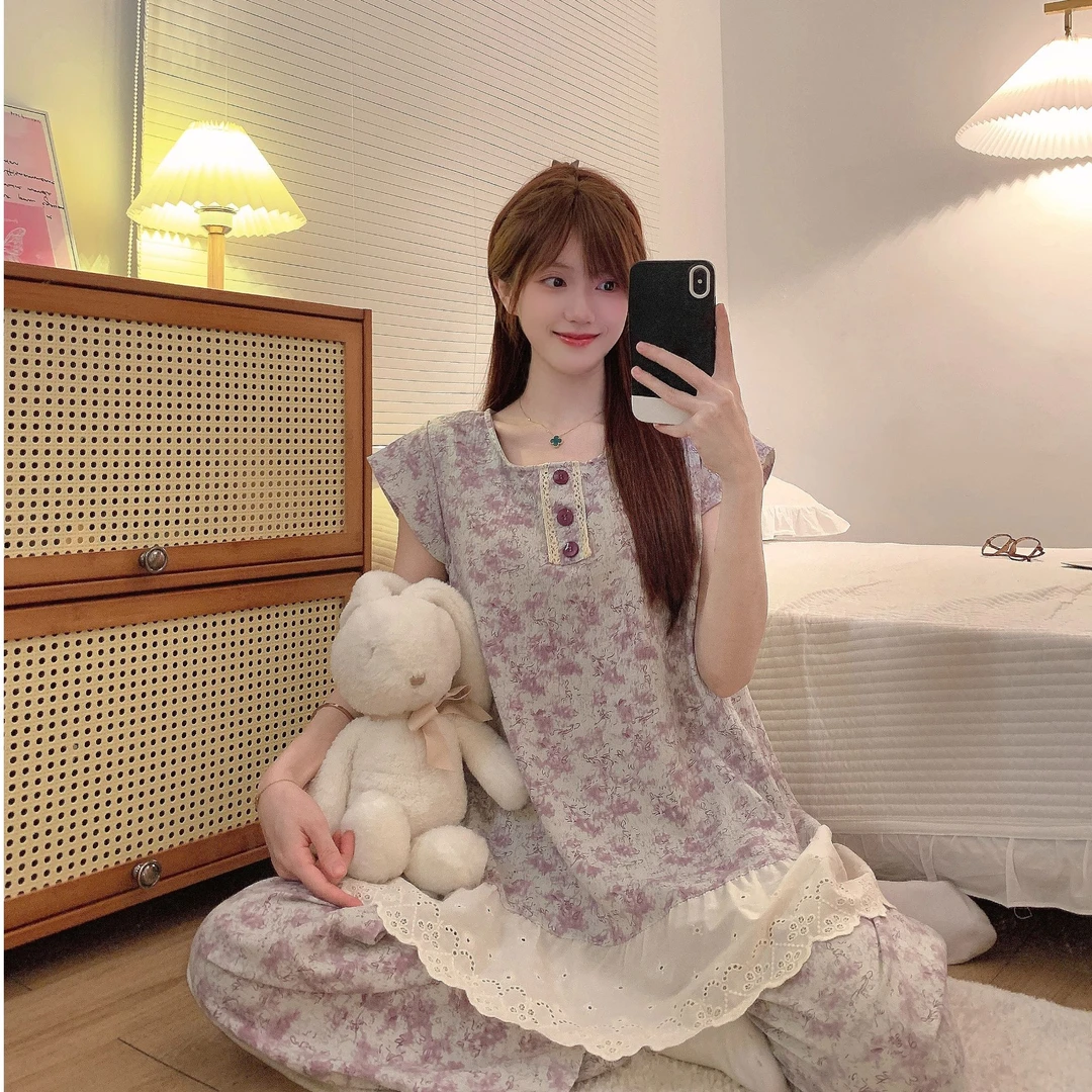 韩系甜美蕾丝花边短袖睡衣女春秋新款碎花韩系风大码家居服套装