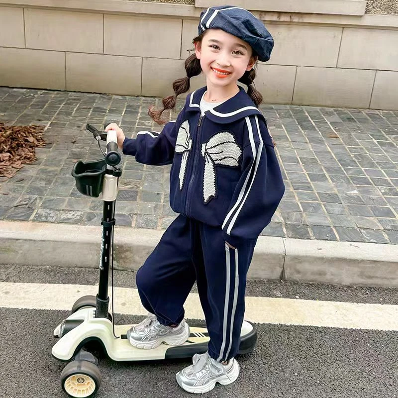 纯色秋季拉链女套头常规春秋套装卫衣女童法式欧美风