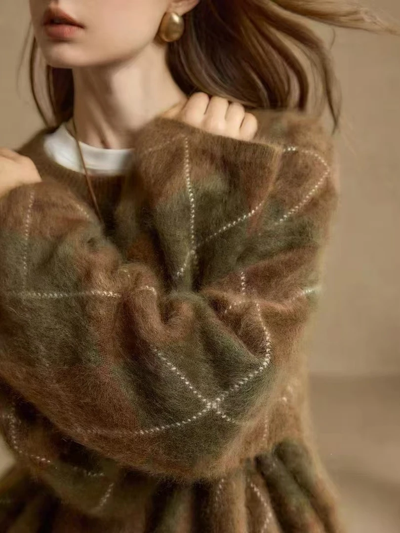 【迷雾森林】康赛妮100%纯山羊绒圆领加厚菱格拉绒上衣时尚