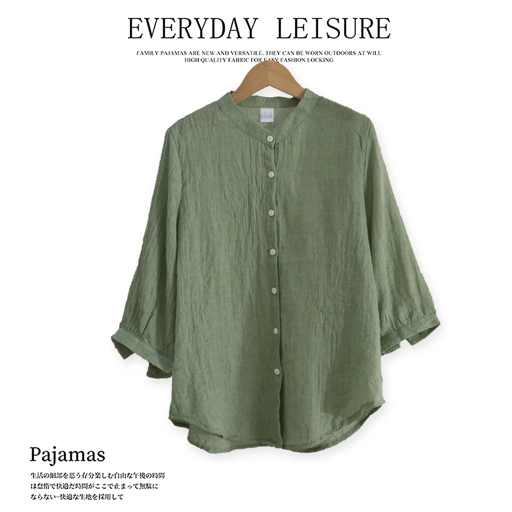 夏季女士纯棉纱布提花衬衫五分袖薄款宽松上衣BB0238简约慵懒风