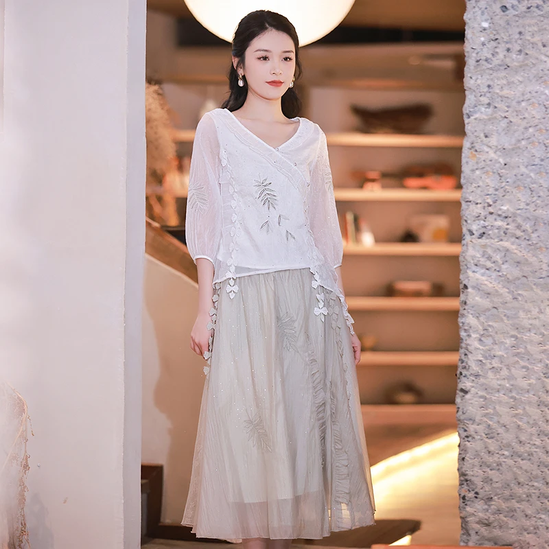 烟花烫新中式复古套装女 春季新款气质显瘦衬衫半身裙 冰桐桐冰
