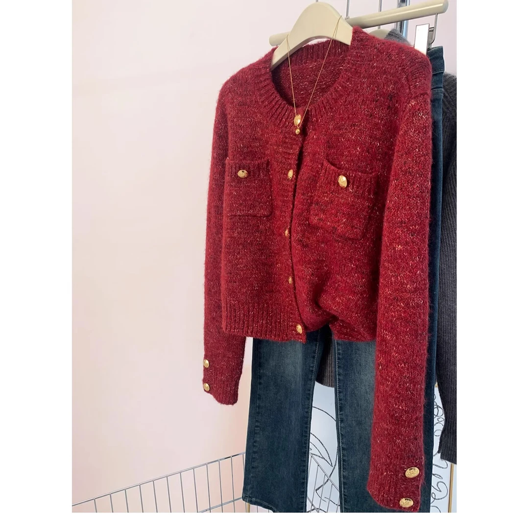 新年红色小香风毛衣针织开衫女秋冬冬季本命年过年高级感短款外套