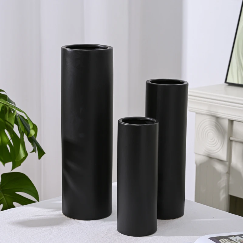 【直筒】哑光黑纯色极简现代INS家用客厅鲜花陶瓷花器