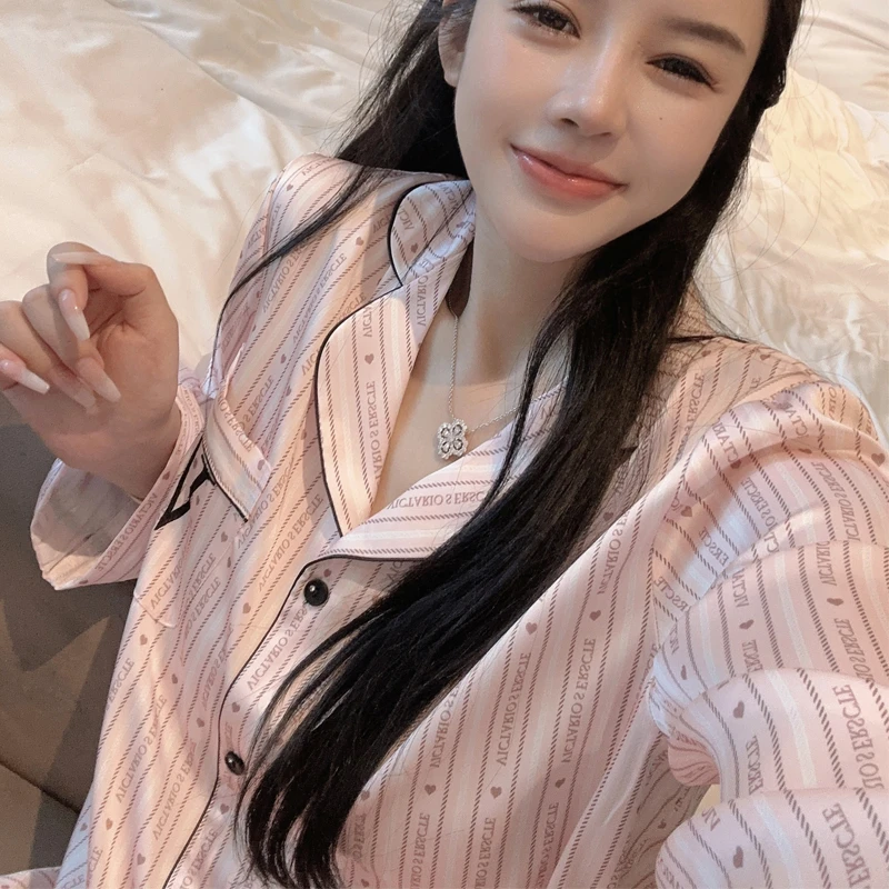 睡衣女春秋季秘密同款高级感少女长袖冰丝薄款条纹字母家居服套装