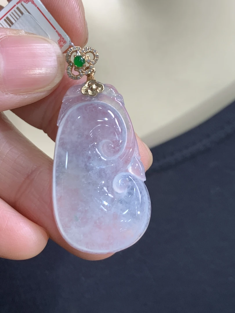 18K金镶嵌缅甸A货翡翠K红扣头高冰木那如意气质高冰种通透