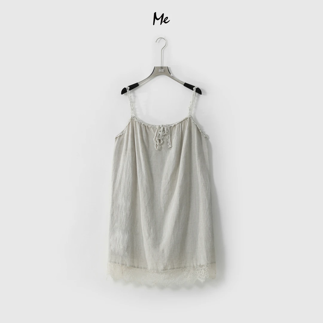 ME【格蕾小姐吊带裙】天丝亚麻混纺浮花蕾丝显瘦时尚连衣裙MESS4558