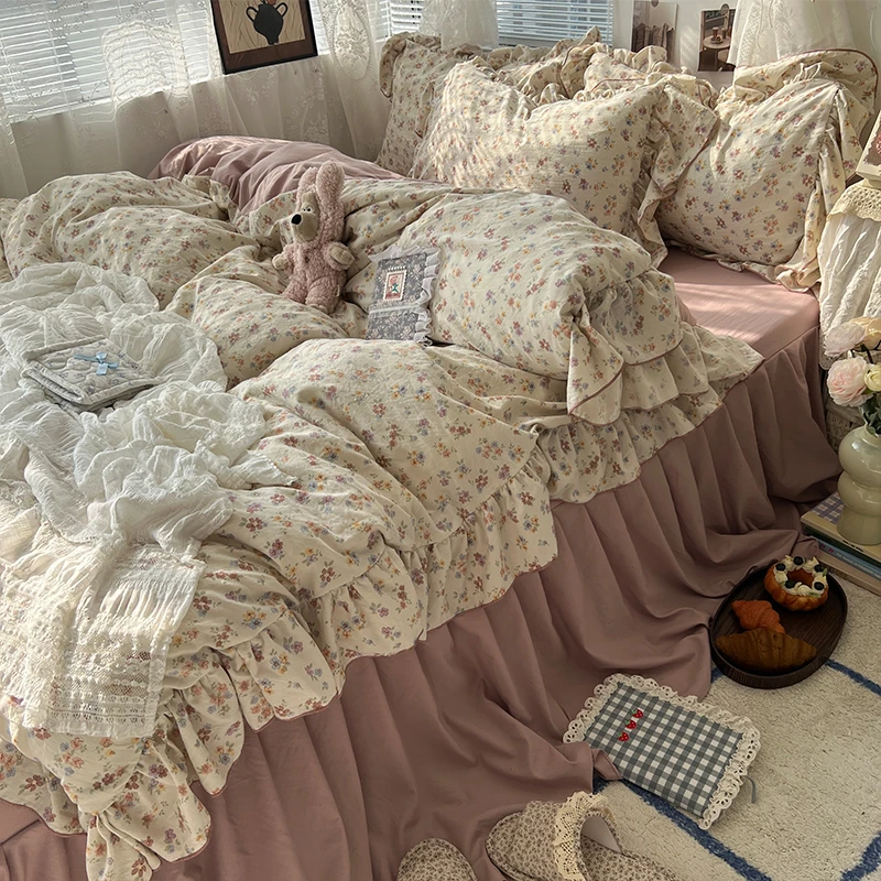 复古风花边韩式床上四件套少女心小碎花床品非全棉纯棉床裙床笠春