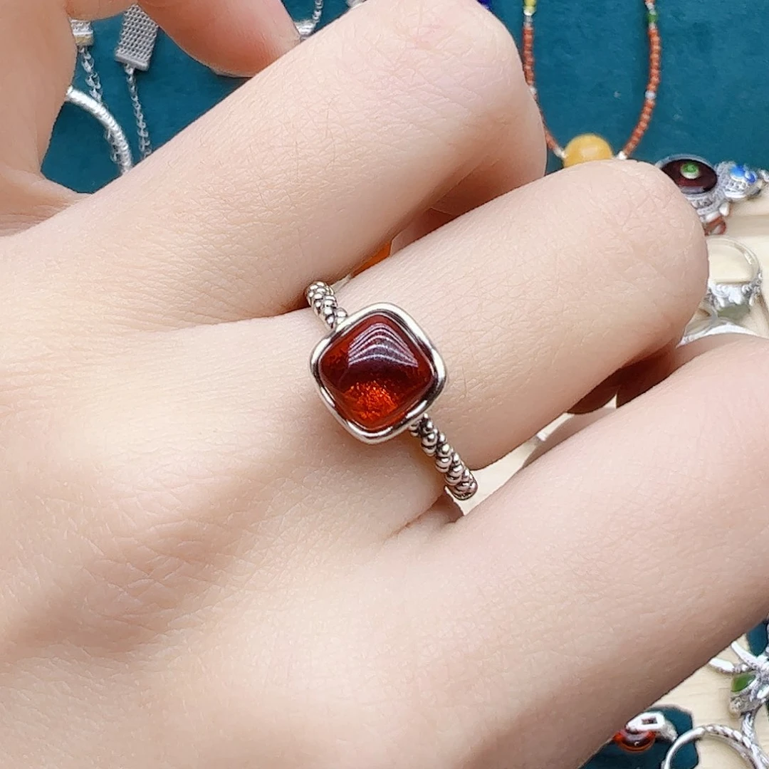 血珀戒指银S925镶嵌天然