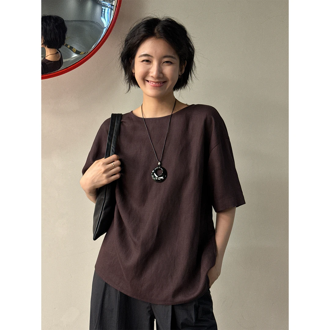 LANGQING 新款简约松弛感亚麻舒适宽松T恤44865#