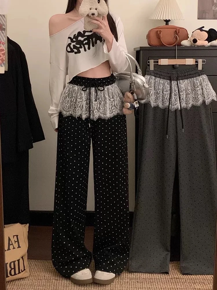 蕾丝拼接波点阔腿裤女装新款春季韩系设计感休闲裤宽松直筒拖地裤