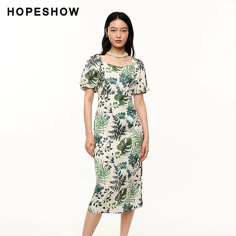 红袖夏季新款女装 镂空收腰开叉钻石领套头印花裙89324171612