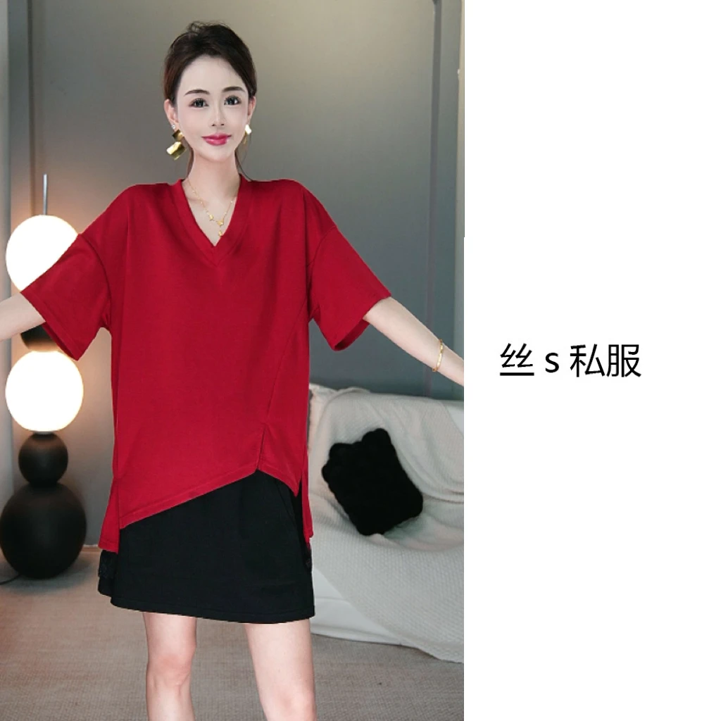 丝s私服【暗藏玄机】夏季假两件V领不规则蕾丝开衩拼接上衣T恤F4514