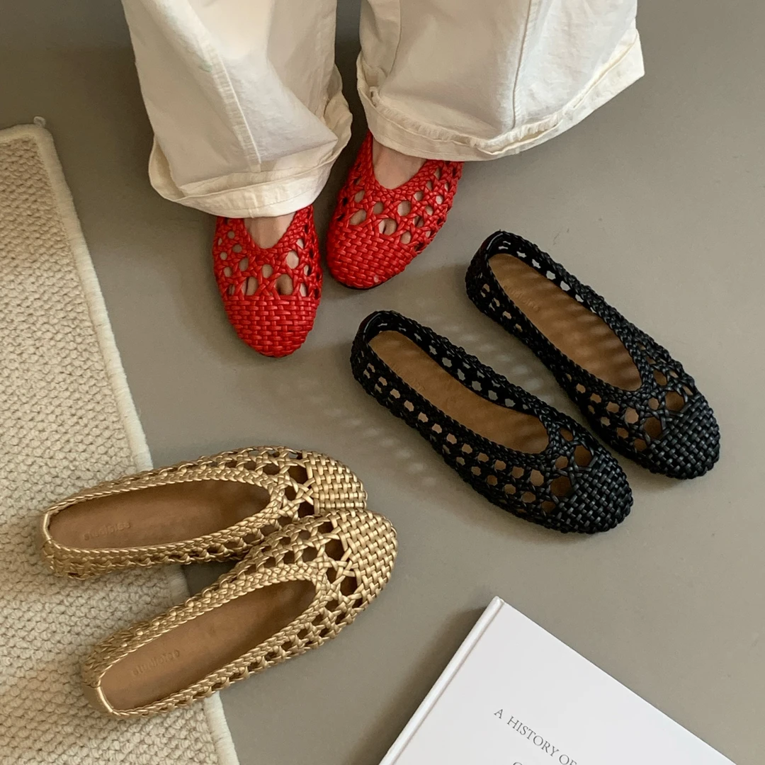 真皮年夏镂空手工编制凉鞋女一字带圆头单鞋浅口鞋179-83
