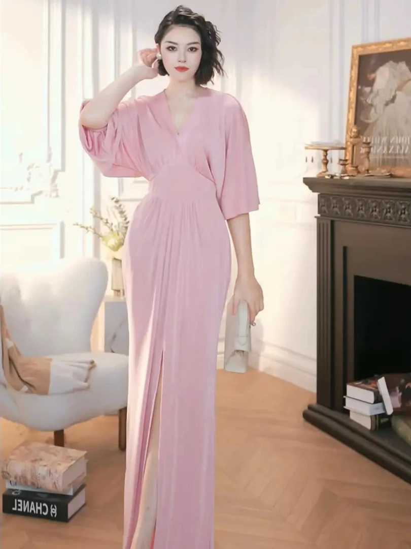 御姐顶流/领蓬蓬袖腰褶褶开叉高弹网纱连衣裙