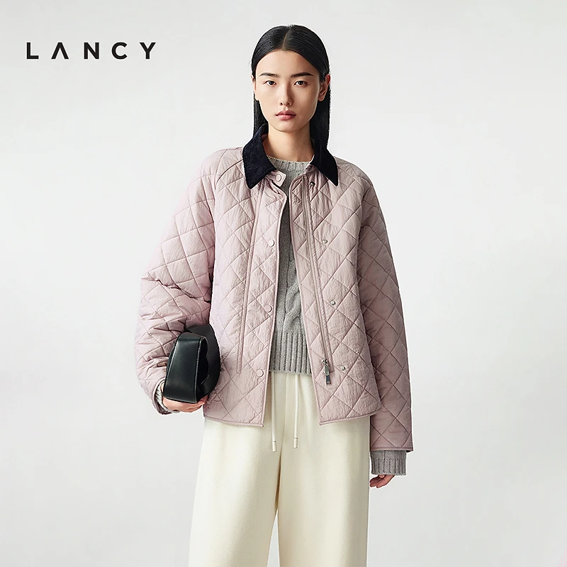LANCY/朗姿2025冬新款复古简约菱格绗缝棉衣翻领夹克棉服短外套女