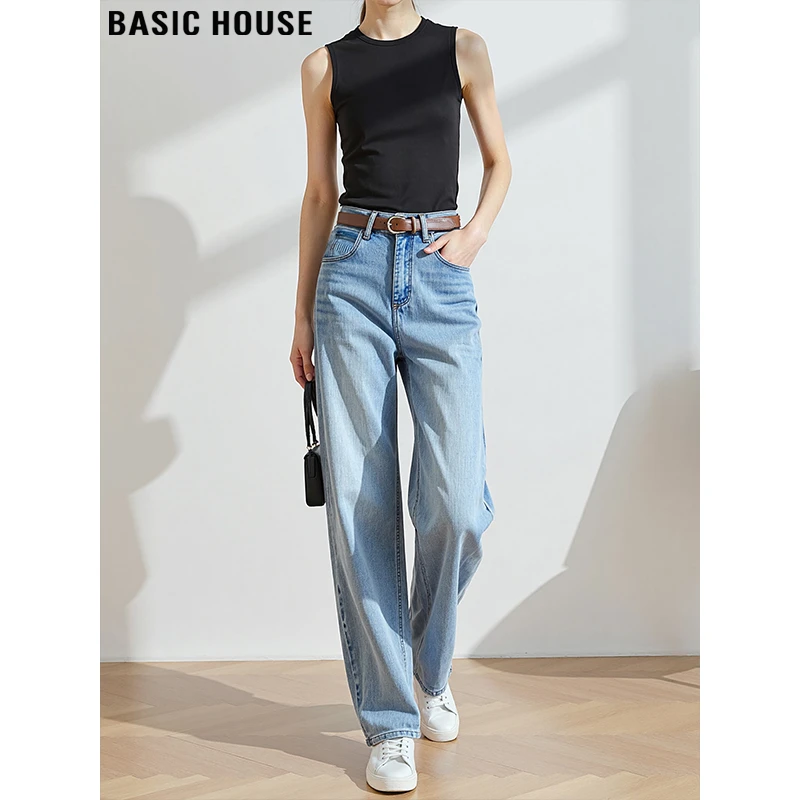 Basic House/百家好美式复古浅蓝色阔腿牛仔裤女秋季窄版直筒长裤