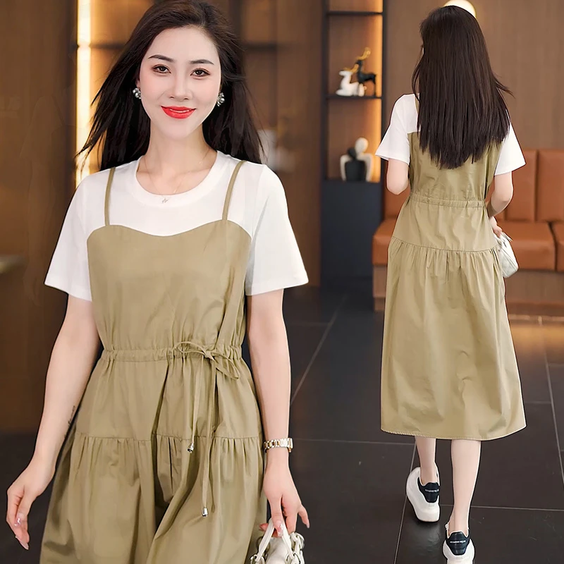 2025年夏季新款连衣裙子女士小个子气质显瘦高级感a字短袖中长裙