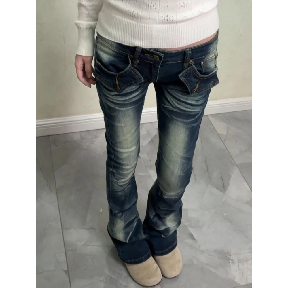 美式复古做旧设计感低腰微喇牛仔裤女秋冬新款修身显瘦百搭喇叭裤