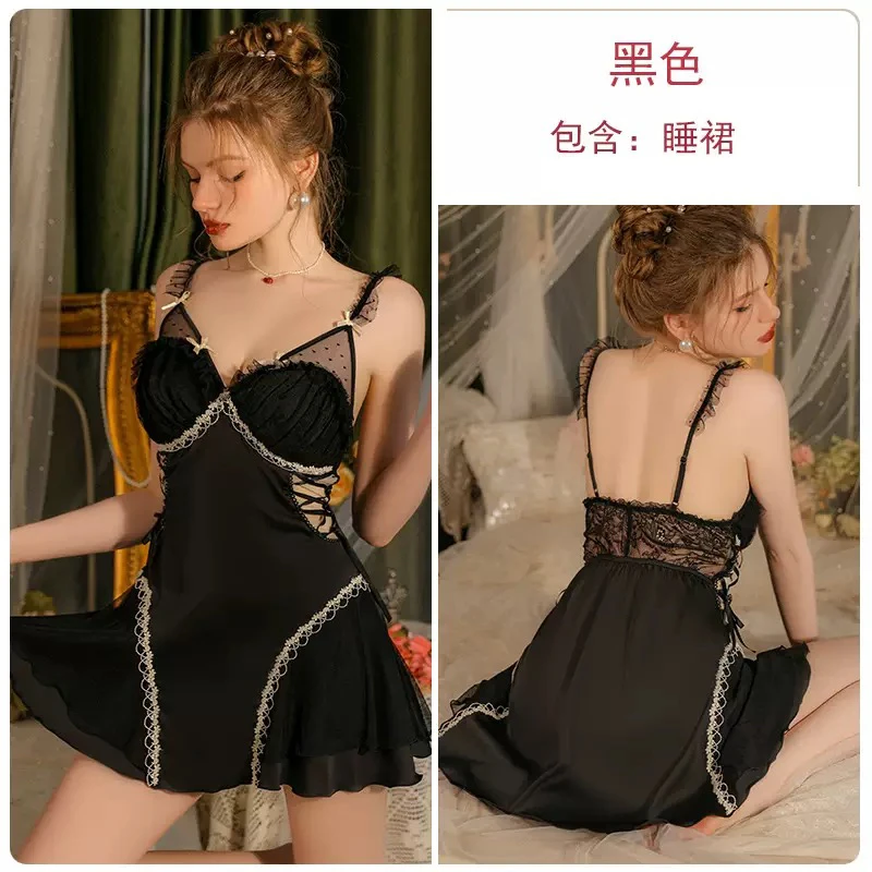 女性感纯欲风新款蕾丝网纱收腰带胸垫冰丝高级感吊带睡裙家居服