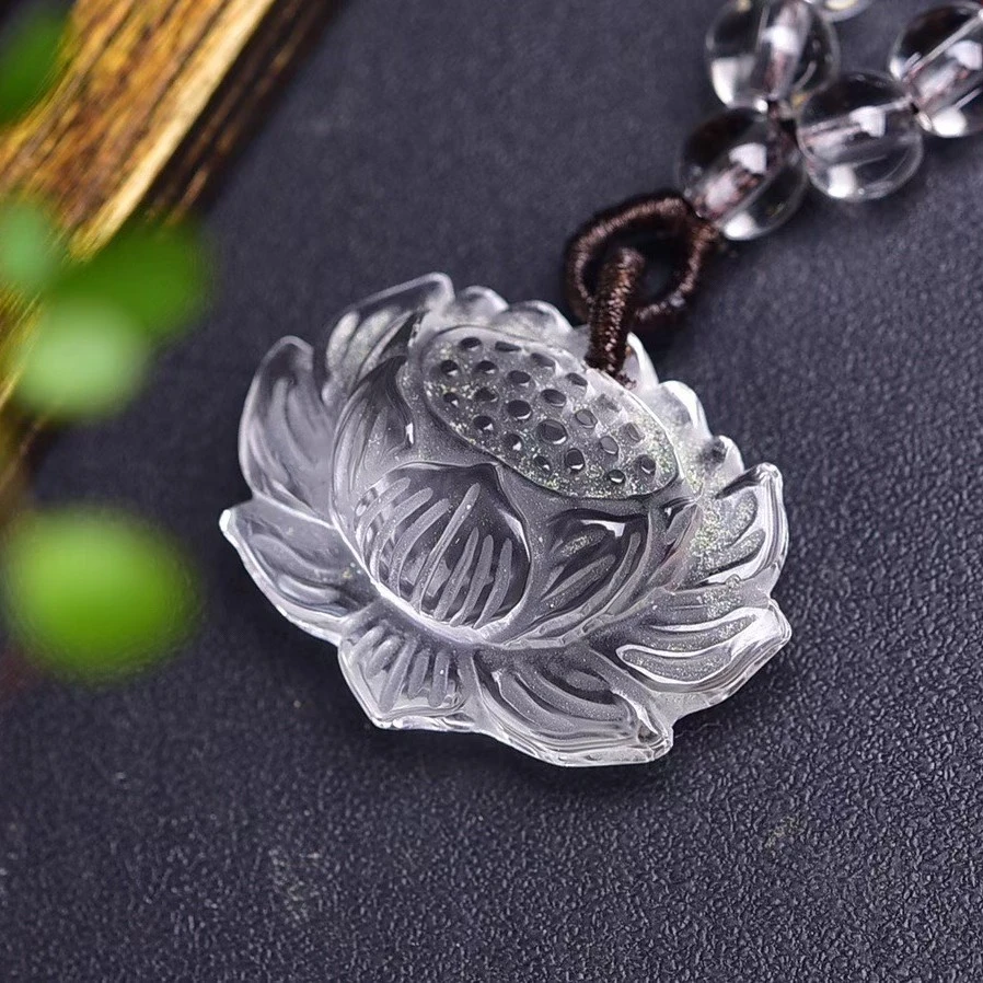 天然白水晶莲花吊坠项链时尚百搭男同女款静心守护中国风时尚饰品