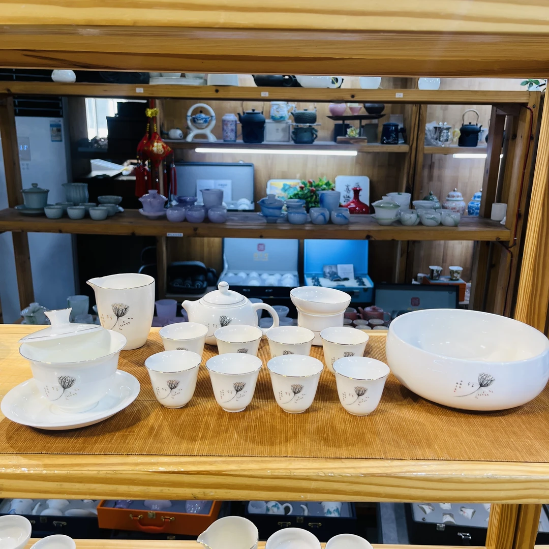 晟翔羊脂玉茶具白瓷套装—不染莲花12件套加2杯、茶洗