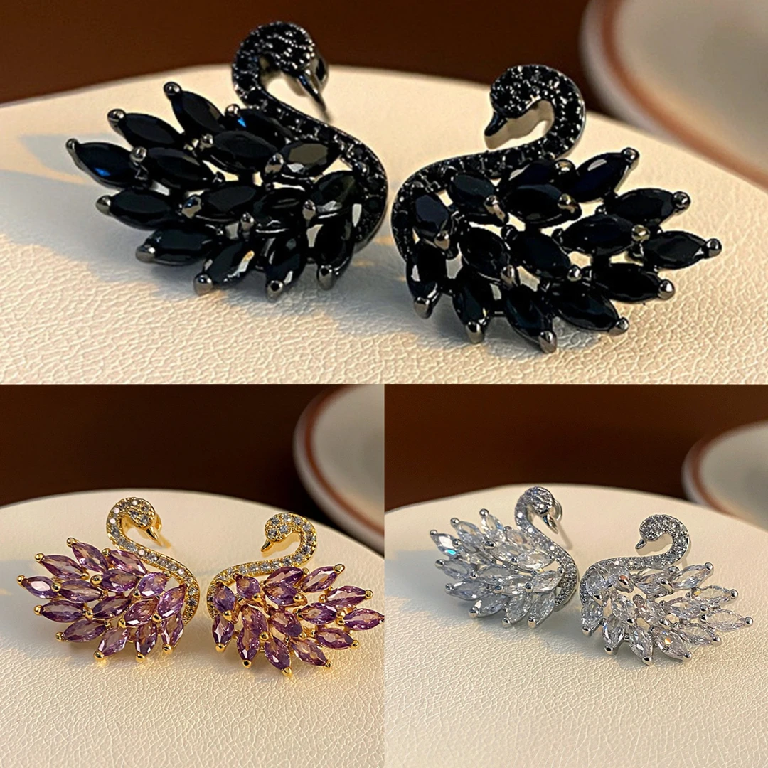 铜合金耳饰 305#时尚百搭黑色INS黑天鹅女耳钉日韩耳饰复古