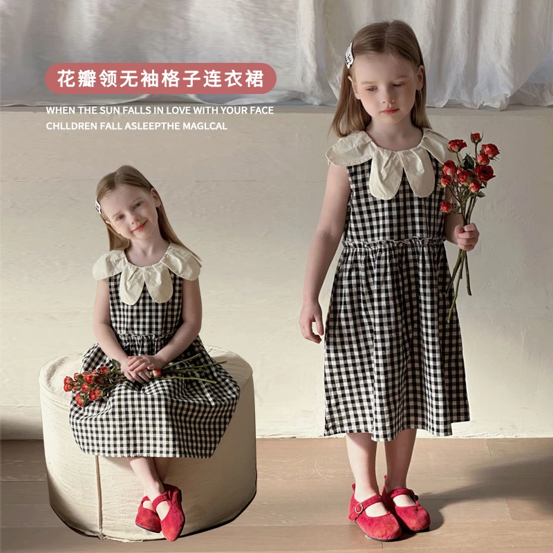 女童花瓣领无袖格子连衣裙夏季2025新款儿童女宝宝背心裙韩版时尚