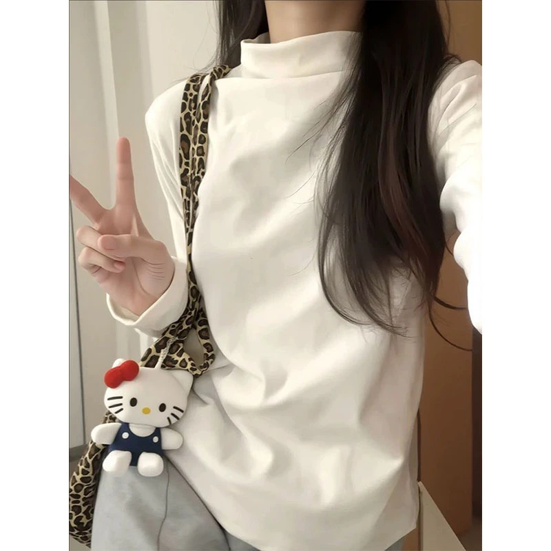 小众高级感半高领叠穿内搭长袖t恤女春秋季收腰修身显瘦打底上衣