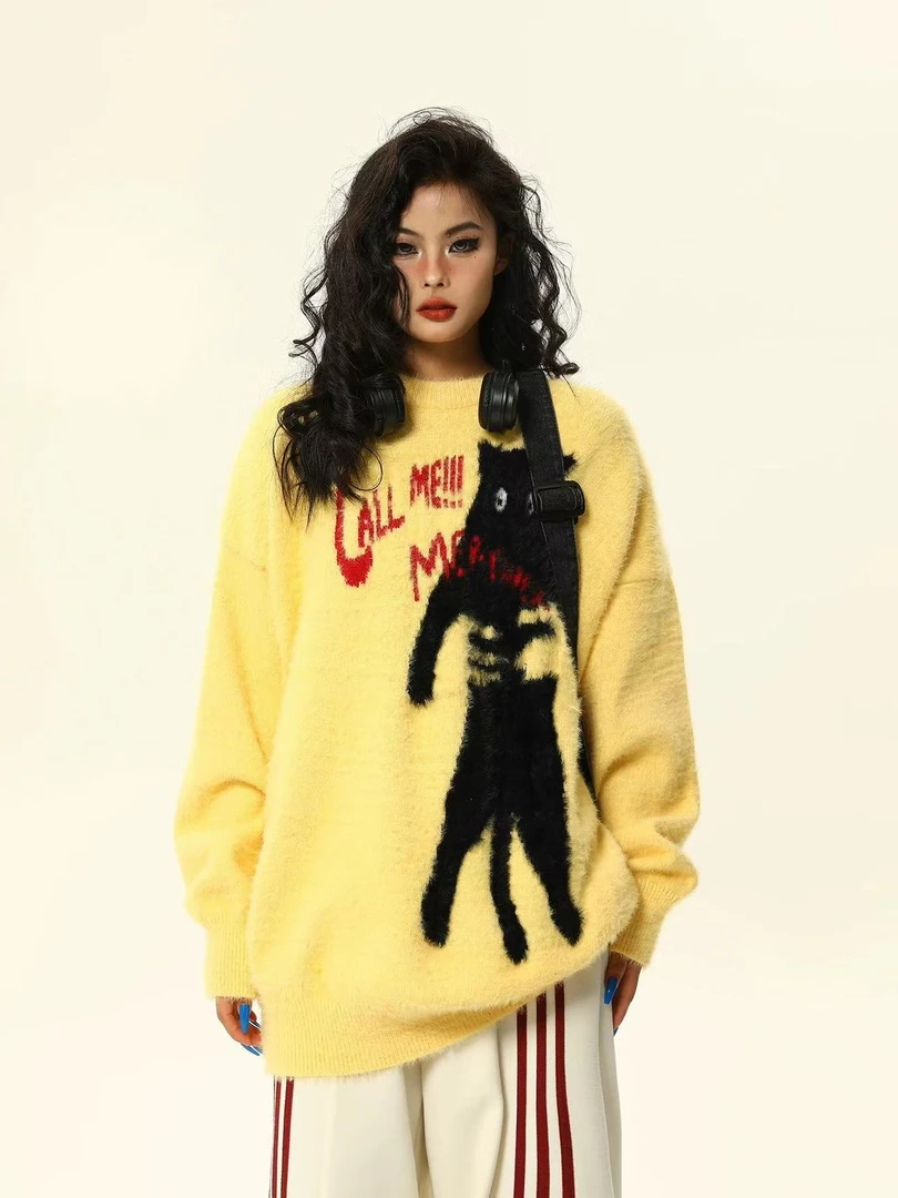 D2-3黄色“猫影字母”长袖毛衣上衣（904）