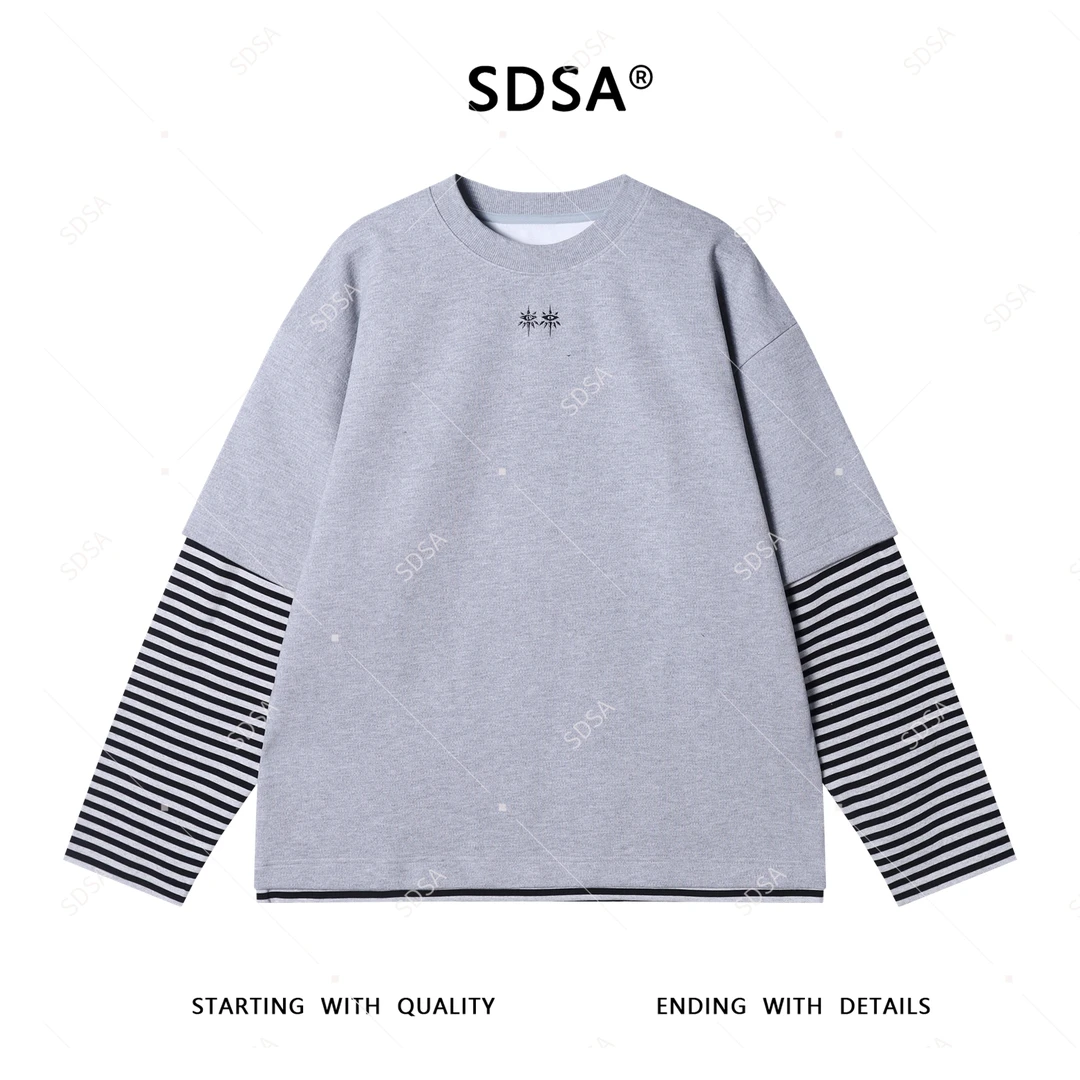 SDSA男士2025新款轻奢痞帅男装眼睛压线假两件条纹圆领长袖T恤潮