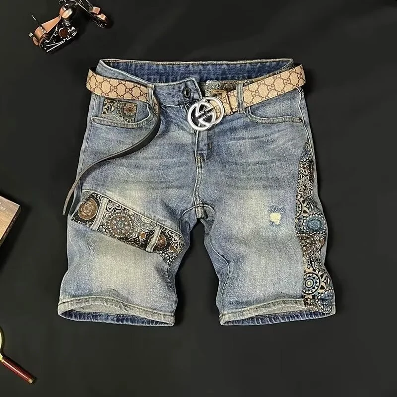 破洞牛仔短裤男潮牌时尚刺绣欧美风高端五分中裤潮流百搭修身马裤