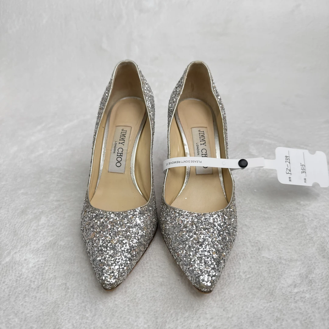 99新 JIMMY CHOO/吉米周 银色尖头闪片细跟高跟鞋/35.5码/FZ239