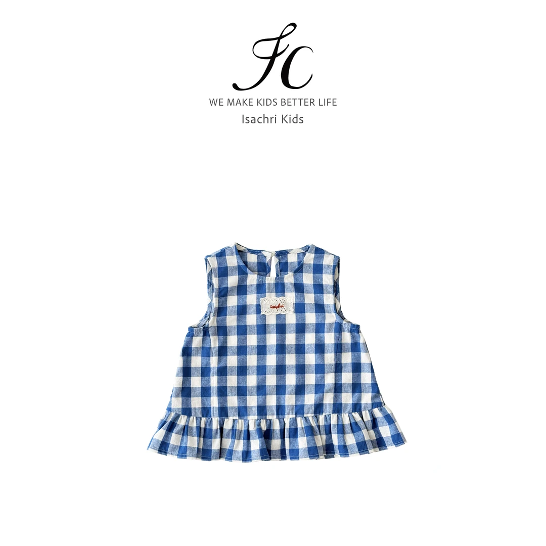 晶晶家【现发】海盐女童夏装无袖娃娃衫蓝白格子背心宝宝上衣 IS670