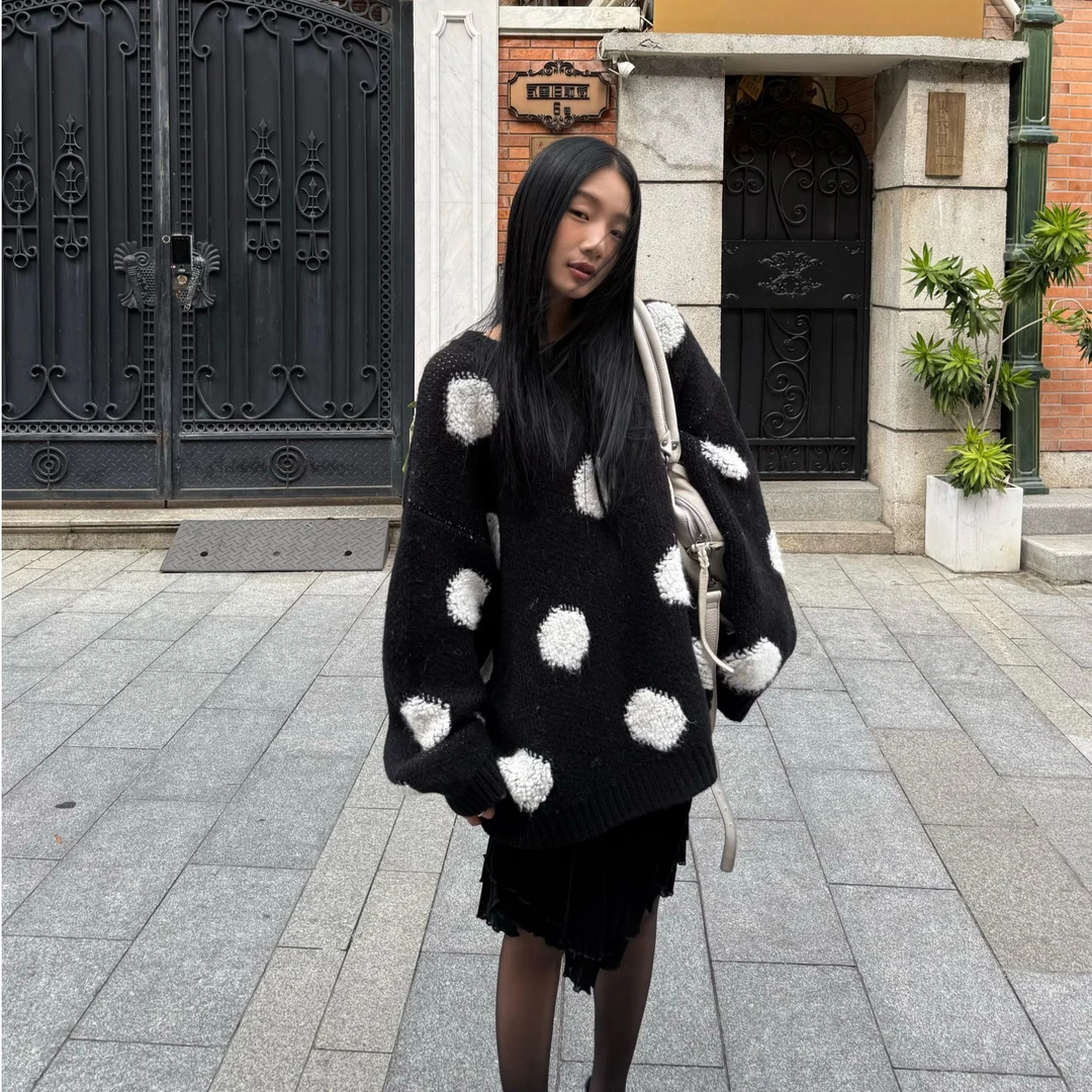 【清】逸语IN choose u笑笑家2025冬季波点加厚粗针羊毛毛衣女89922