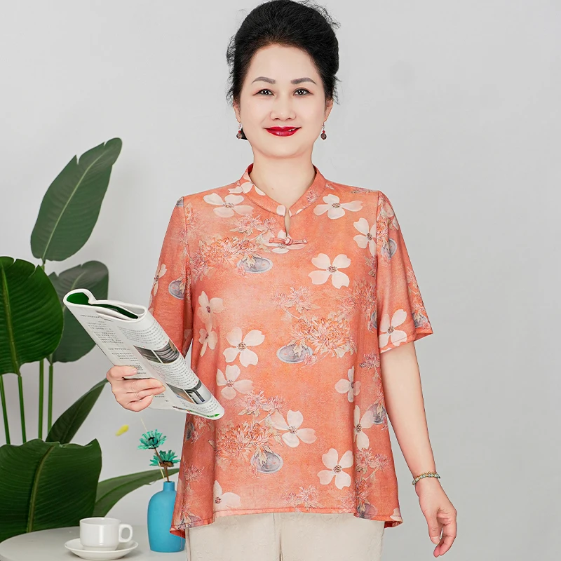 华太太胖妈妈女装夏季洋气大码中式短袖印花薄款中老年B25829B