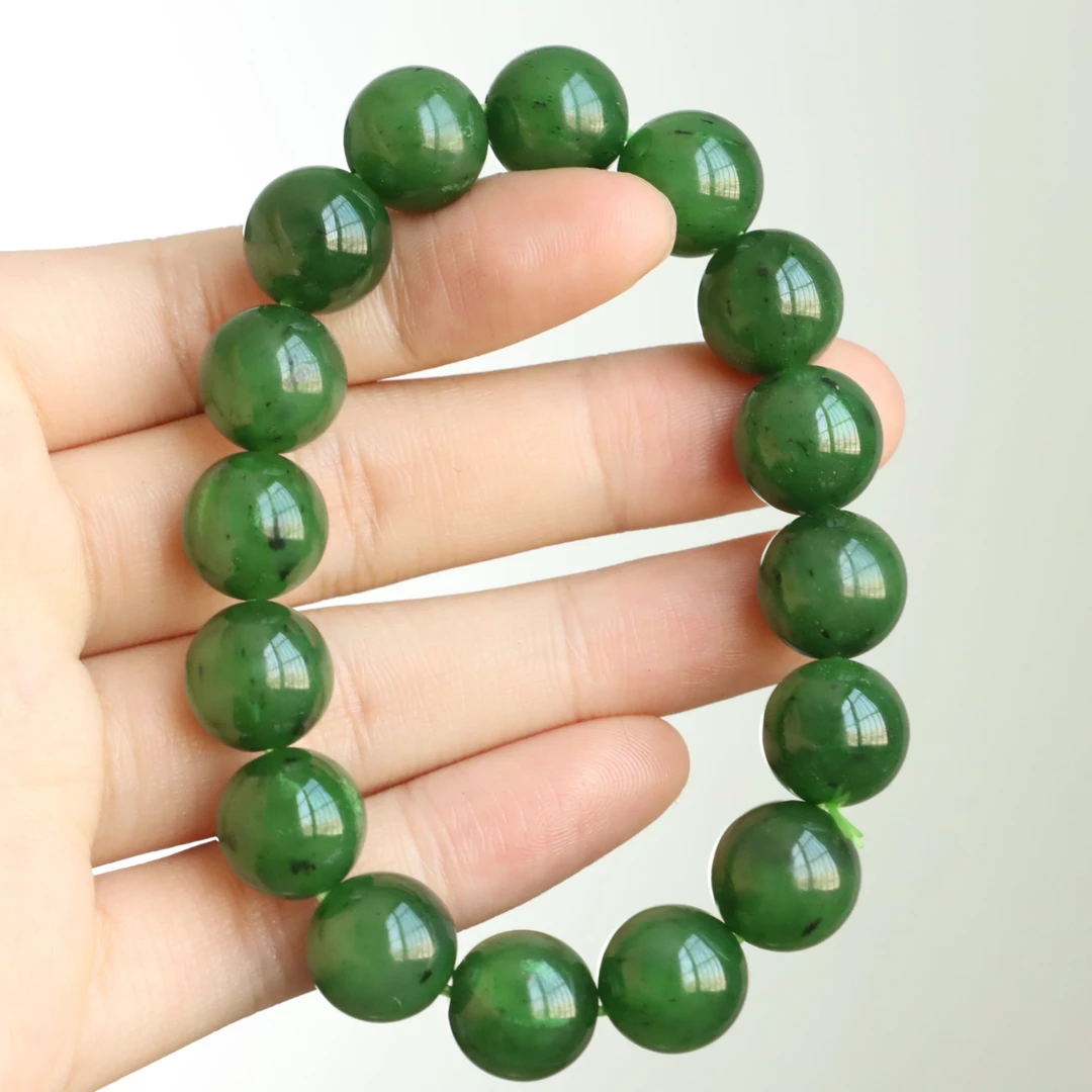 天然和田玉碧玉菠菜绿圆珠约13mm手链素单圈手串男女款和田玉手串