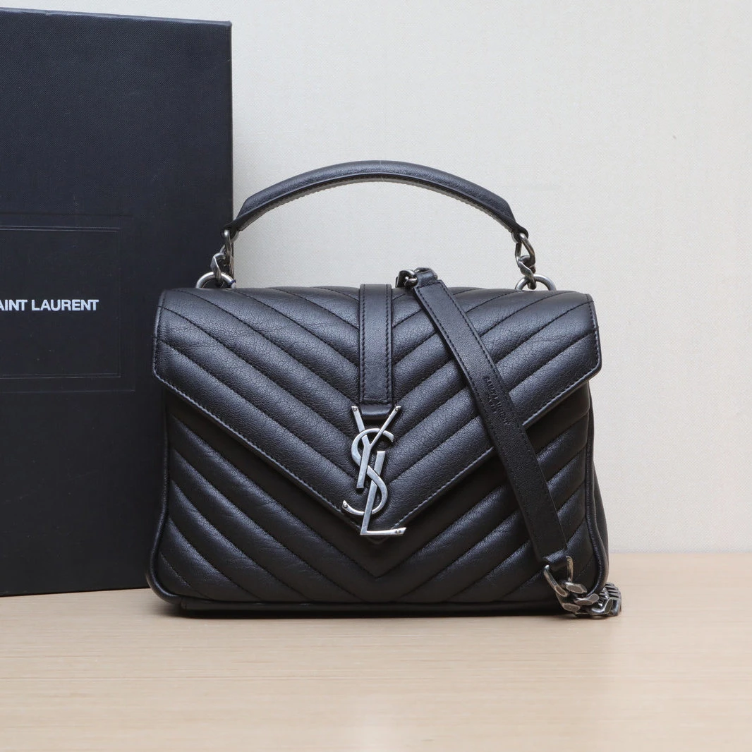 95新 YSL/圣罗兰 【娇】邮差包24 黑色皮革S银扣 603869