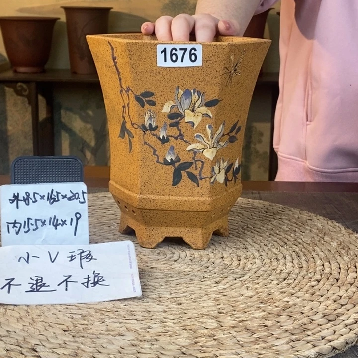 紫砂花盆  微瑕柴烧彩绘束腰六方1676