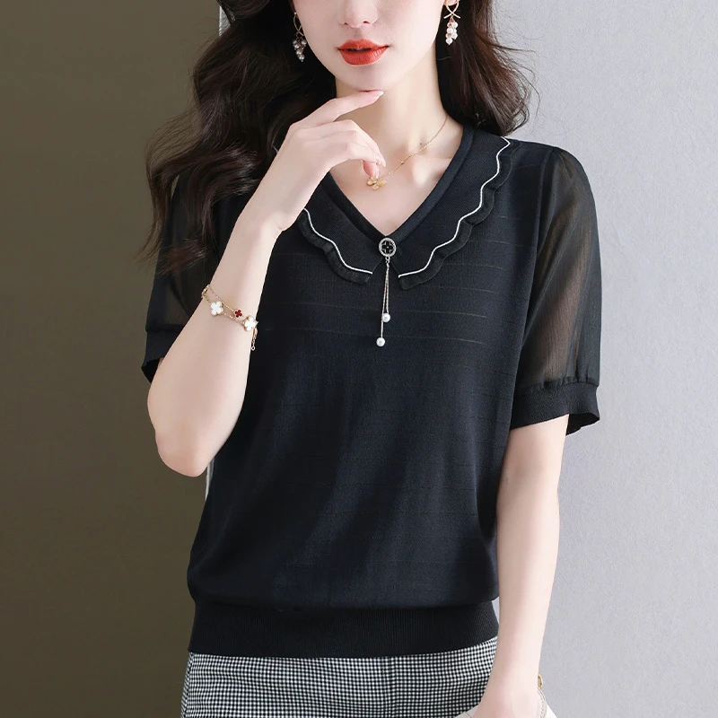 胖mm夏季新款小香风气质V领冰丝针织女短袖t恤宽松大码雪纺衫上衣