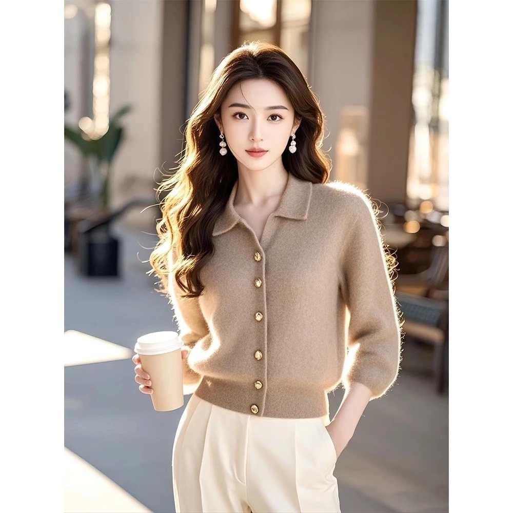 时尚优雅绝美咖色翻领长袖针织开衫女秋季款独特百搭慵懒软糯小衫