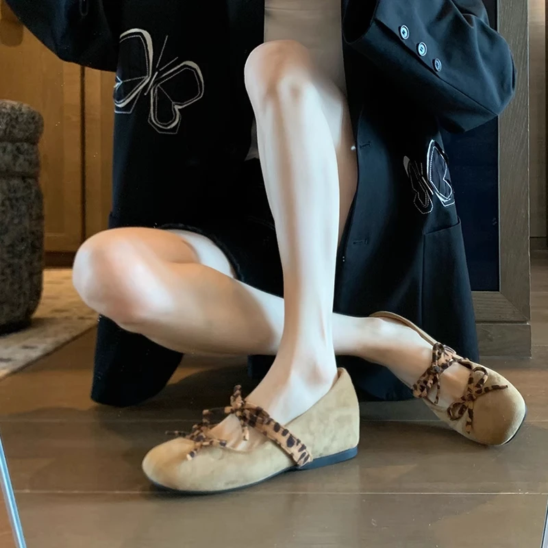 复古单鞋女2025新款绒面圆头浅口豹纹蝴蝶结内增高玛丽珍芭蕾舞鞋
