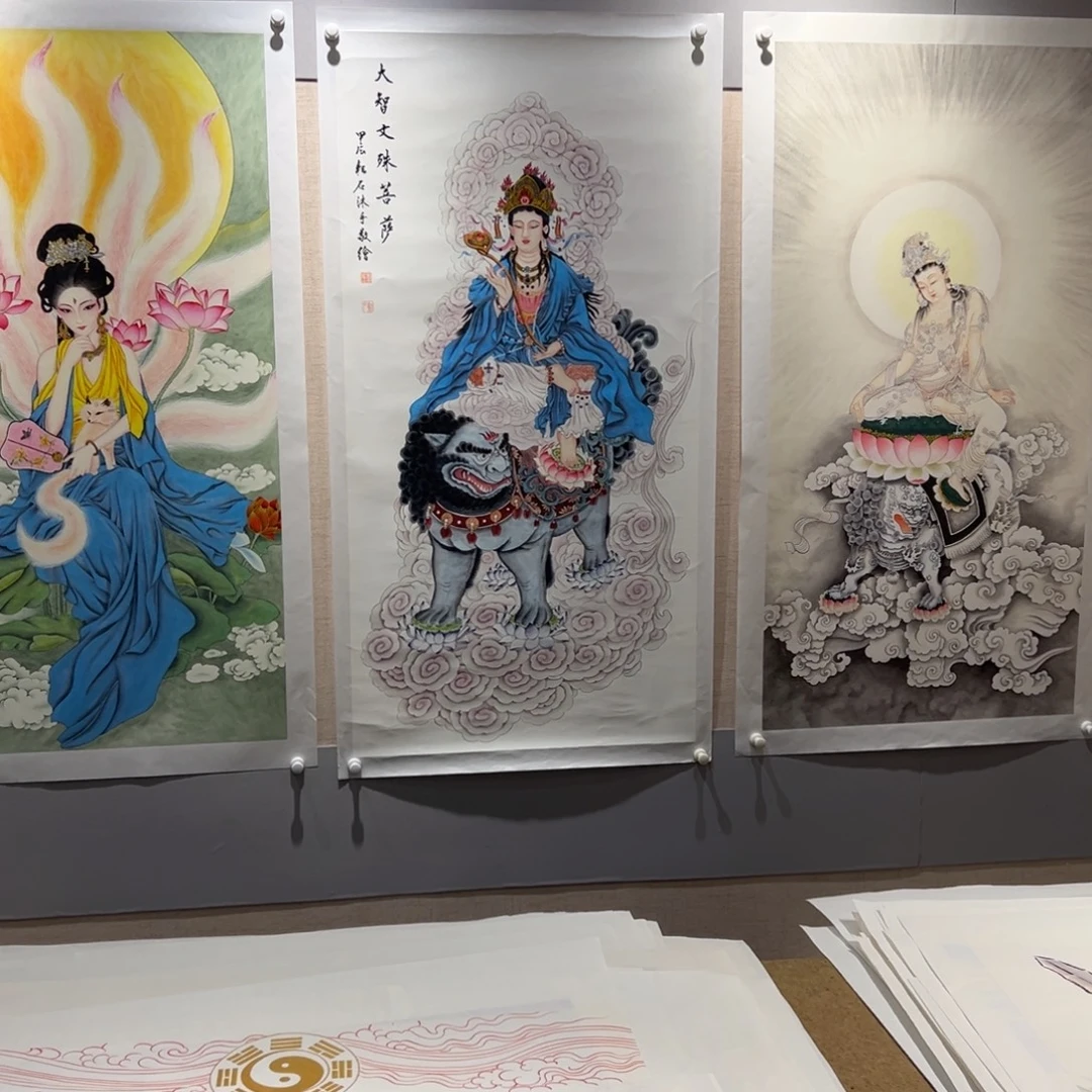 行***恰书法文殊菩萨描金做实木框包邮