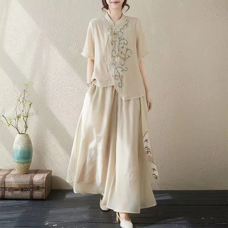 中式国风套装女士2024夏季新款刺绣妈妈洋气棉麻上衣两件套