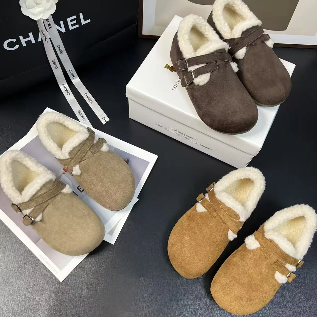 加绒勃肯鞋女2025新款秋冬季全包厚底毛毛拖鞋棉鞋低帮雪地靴鞋子