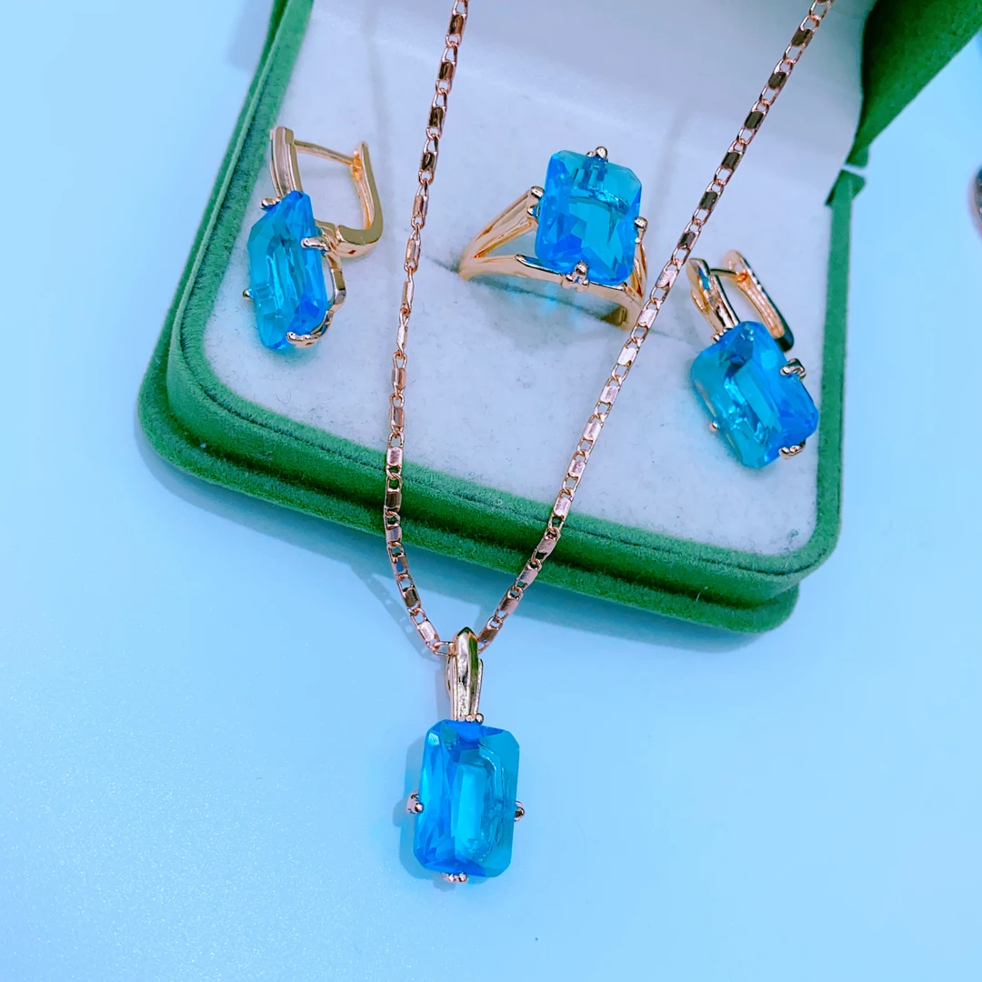 合金玻璃耳饰 蓝色方形三件套可戒指可以调节大小