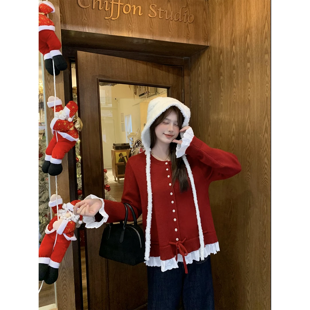 大婉酱微胖定制 韩系圆领长袖毛织开衫冬季设计感荷叶边毛衣7732D